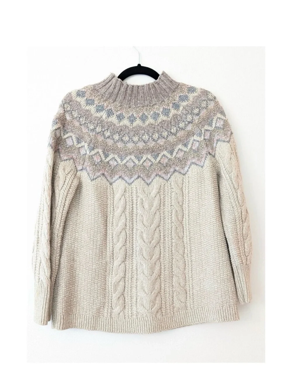 Chico's Cream Cable Knit Fair Isle Mock Neck Sweater